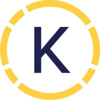 a yellow and blue logo with the letter k in the middle