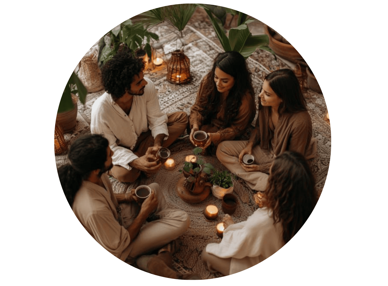 a group of people sitting around a table with candles