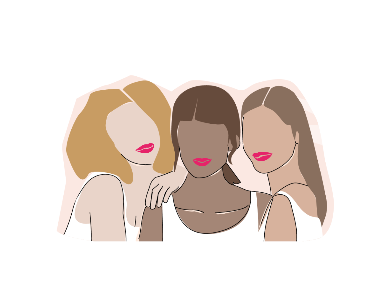 three women with pink lips are standing together